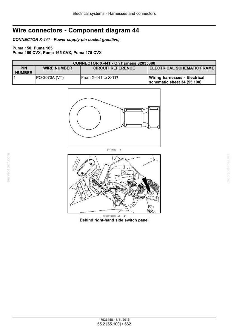 May include: Diagram of wire connectors, component diagram 44, for Puma 150, 165, 150 CVX, 165 CVX, and 175 CVX models. Includes a schematic of the connector X-441, power supply pin socket, and wiring details. The diagram also shows the location behind the right-hand side switch panel.