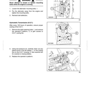 Puede incluir: Una p&aacute;gina de manual t&eacute;cnico titulada Section 3 - Lubrication and Maintenance, que presenta dibujos lineales en blanco y negro de componentes mec&aacute;nicos, diagramas numerados e instrucciones para la tensi&oacute;n de la correa y la transmisi&oacute;n.