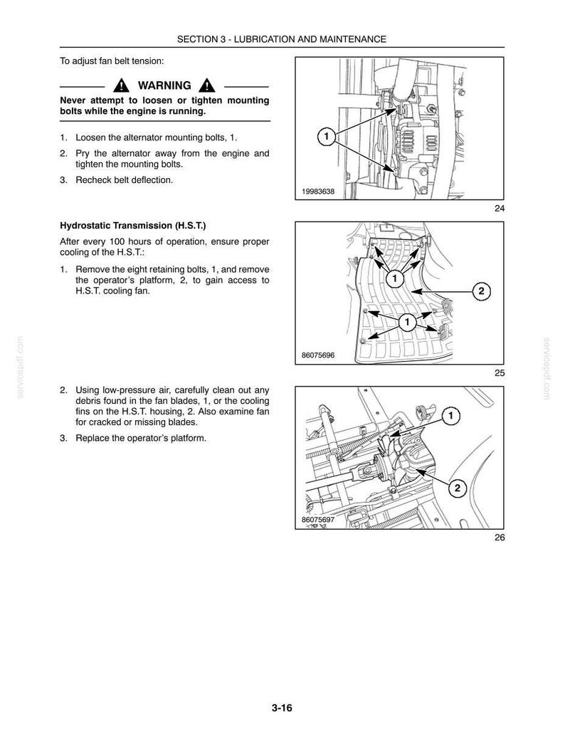 Puede incluir: Una p&aacute;gina de manual t&eacute;cnico titulada Section 3 - Lubrication and Maintenance, que presenta dibujos lineales en blanco y negro de componentes mec&aacute;nicos, diagramas numerados e instrucciones para la tensi&oacute;n de la correa y la transmisi&oacute;n.