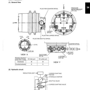 May include: Technical diagram of a travel motor and hydraulic circuit, with detailed views and labels. Includes diagrams of the motor's components, ports, and a hydraulic circuit schematic. The diagram is labeled with measurements and technical specifications.