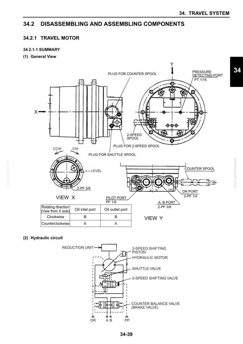 May include: Technical diagram of a travel motor and hydraulic circuit, with detailed views and labels. Includes diagrams of the motor's components, ports, and a hydraulic circuit schematic. The diagram is labeled with measurements and technical specifications.