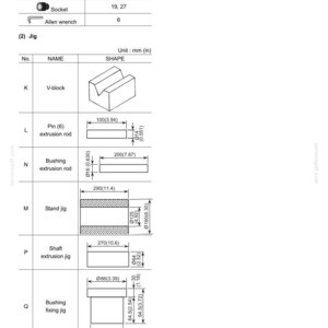 May include: A technical document page titled 34. TRAVEL SYSTEM 34.1.4.7 TOOLS AND JIGS. It lists tightening tools including a socket and Allen wrench, and a table of jigs labeled K through Q with technical diagrams, names, and dimensions in mm and inches.