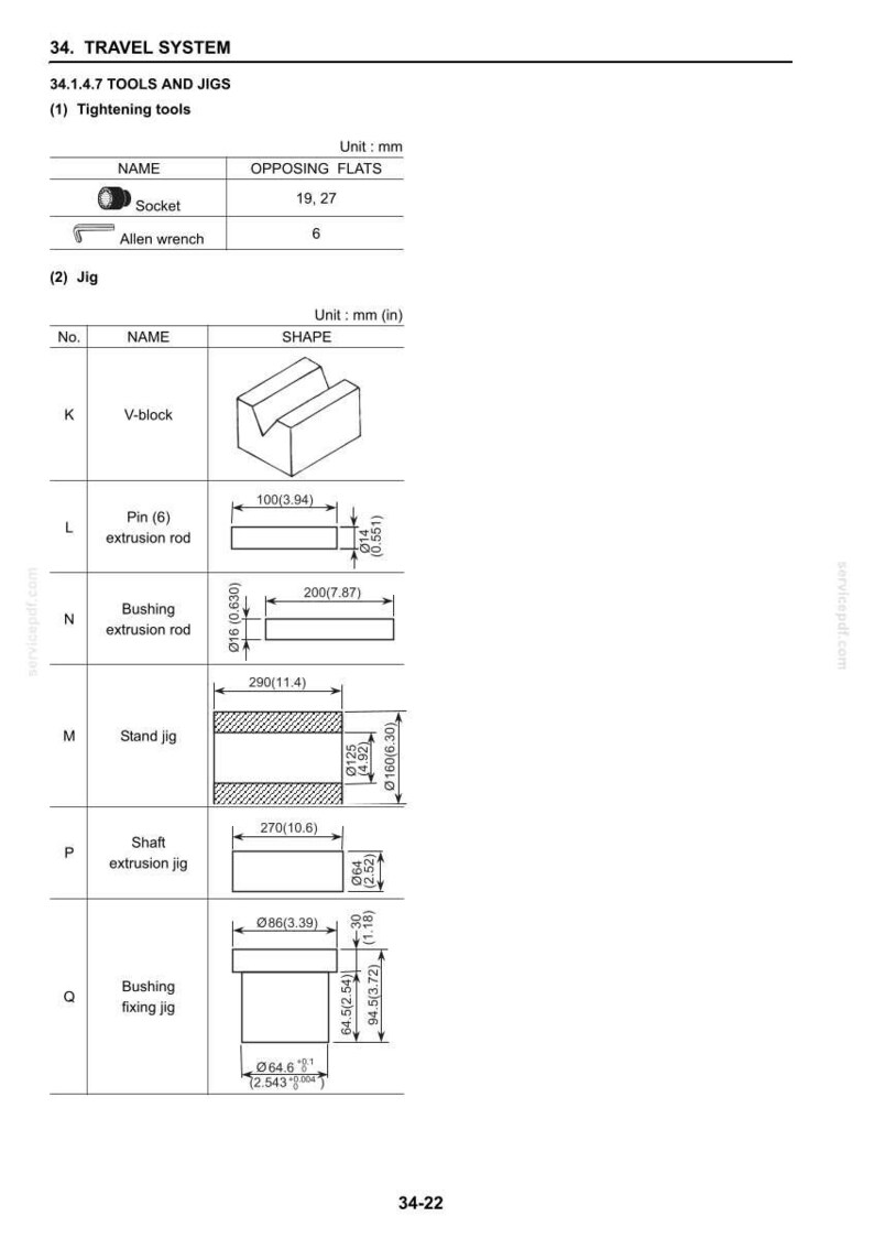 May include: A technical document page titled 34. TRAVEL SYSTEM 34.1.4.7 TOOLS AND JIGS. It lists tightening tools including a socket and Allen wrench, and a table of jigs labeled K through Q with technical diagrams, names, and dimensions in mm and inches.