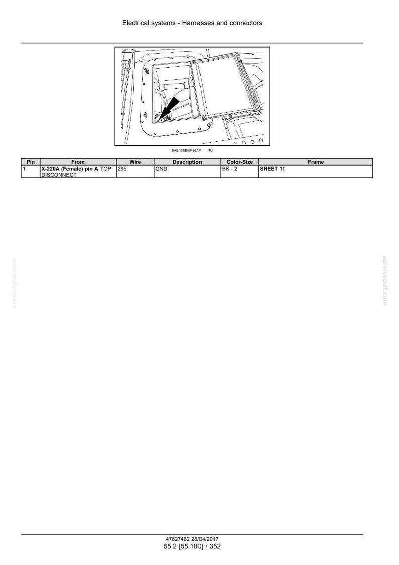 May include: Diagram of electrical systems, harnesses, and connectors. Includes a detailed illustration of a component with a table listing pin, wire, and description details. The text includes "X-220A (Female) pin A TOP DISCONNECT".