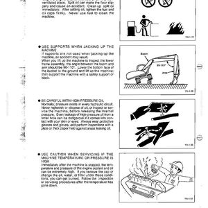 May include: A black and white technical manual page titled SAFETY, featuring four instructional sections with text and illustrations. It includes diagrams for refueling, jacking up an excavator, handling high-pressure oil, and checking engine coolant.
