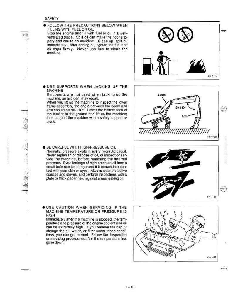 May include: A black and white technical manual page titled SAFETY, featuring four instructional sections with text and illustrations. It includes diagrams for refueling, jacking up an excavator, handling high-pressure oil, and checking engine coolant.