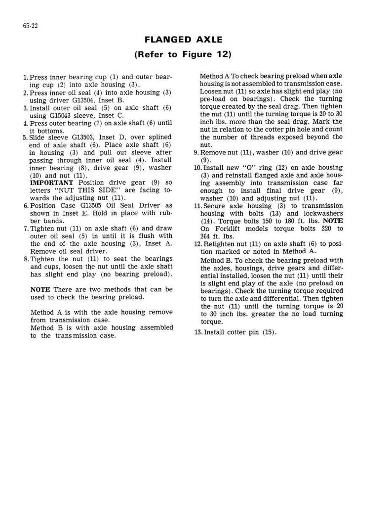 May include: A page from a manual detailing the assembly of a flanged axle. The text includes numbered steps, diagrams, and torque specifications for automotive repair. The page is white with black text.