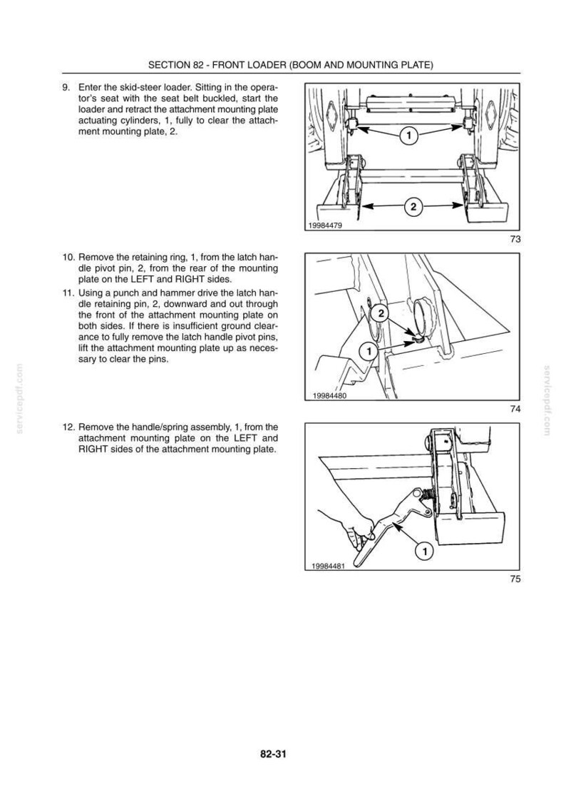 May include: Diagrams and instructions for front loader maintenance. Section 82 details procedures for removing and reassembling components, including retaining rings and handle/spring assemblies. Includes numbered parts and diagrams.