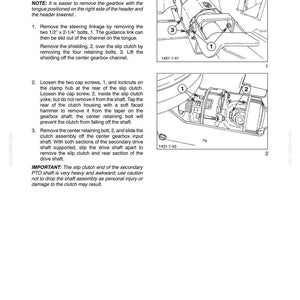 May include: A technical manual page titled SECTION 58 - ATTACHMENTS/HEADERS - CHAPTER 3, detailing the removal of a center pivoting gearbox. It includes two black and white line drawings labeled 1 and 2, showing mechanical components, bolts, and shafts with numbered callouts for assembly instructions.