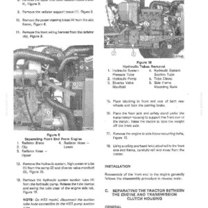 May include: A page from a manual detailing the process of separating a tractor, with diagrams and numbered instructions. Includes sections on hydraulic tubes removal and separating the engine from the transmission.