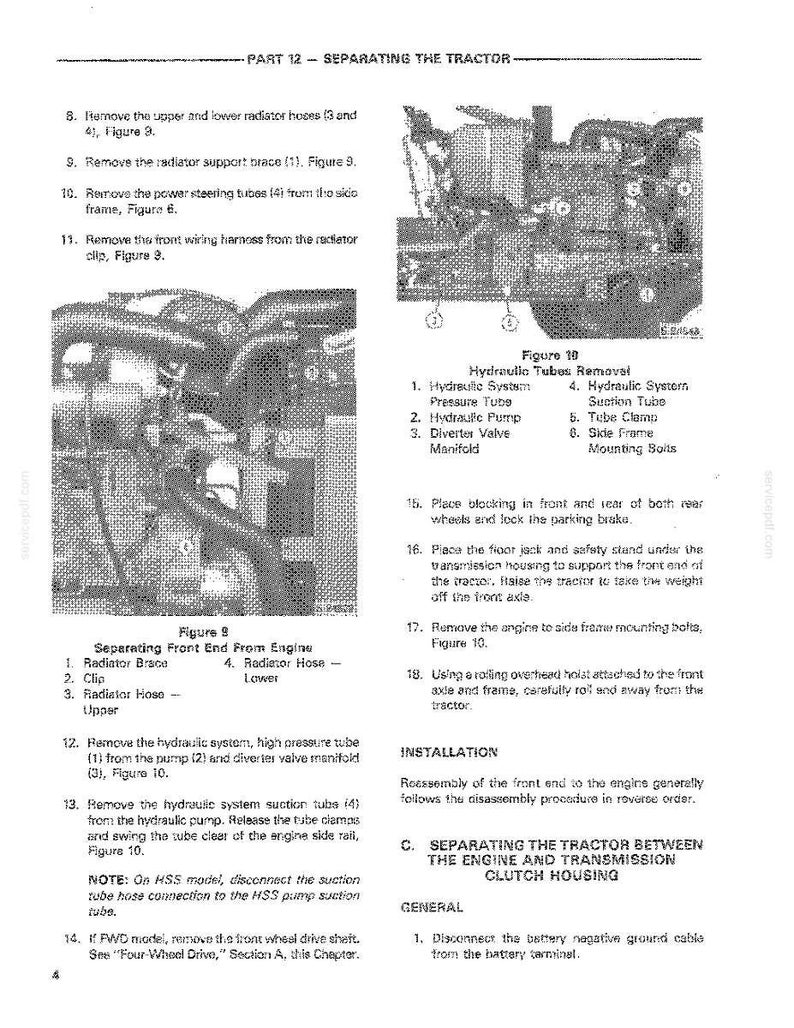 May include: A page from a manual detailing the process of separating a tractor, with diagrams and numbered instructions. Includes sections on hydraulic tubes removal and separating the engine from the transmission.