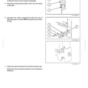 Op de afbeelding: Technische diagram met genummerde componenten voor onderhoudsinstructies. Bevat illustraties van onderdelen zoals shims, bouten en ringen. Tekstinstructies beschrijven de montagestappen voor machines.