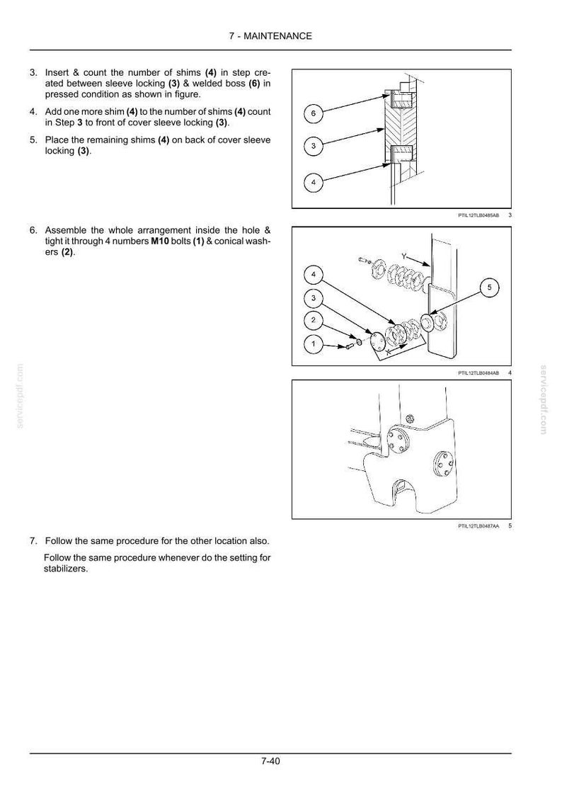 Op de afbeelding: Technische diagram met genummerde componenten voor onderhoudsinstructies. Bevat illustraties van onderdelen zoals shims, bouten en ringen. Tekstinstructies beschrijven de montagestappen voor machines.