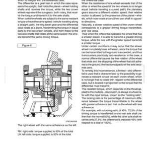 May include: Diagram of a front axle with disc brakes, detailing the differential gear train and torque transmission. Includes text explaining the operation of the system, with measurements in percentages. Figure 6 illustrates the mechanism.