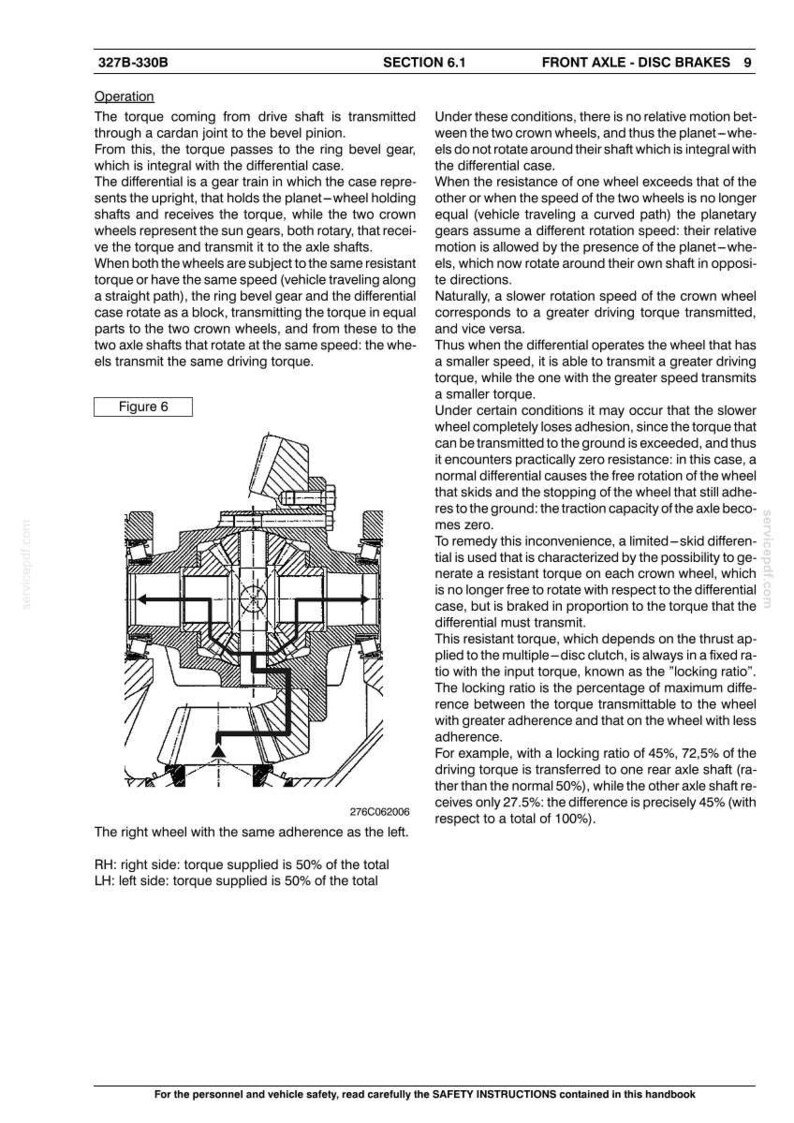 May include: Diagram of a front axle with disc brakes, detailing the differential gear train and torque transmission. Includes text explaining the operation of the system, with measurements in percentages. Figure 6 illustrates the mechanism.