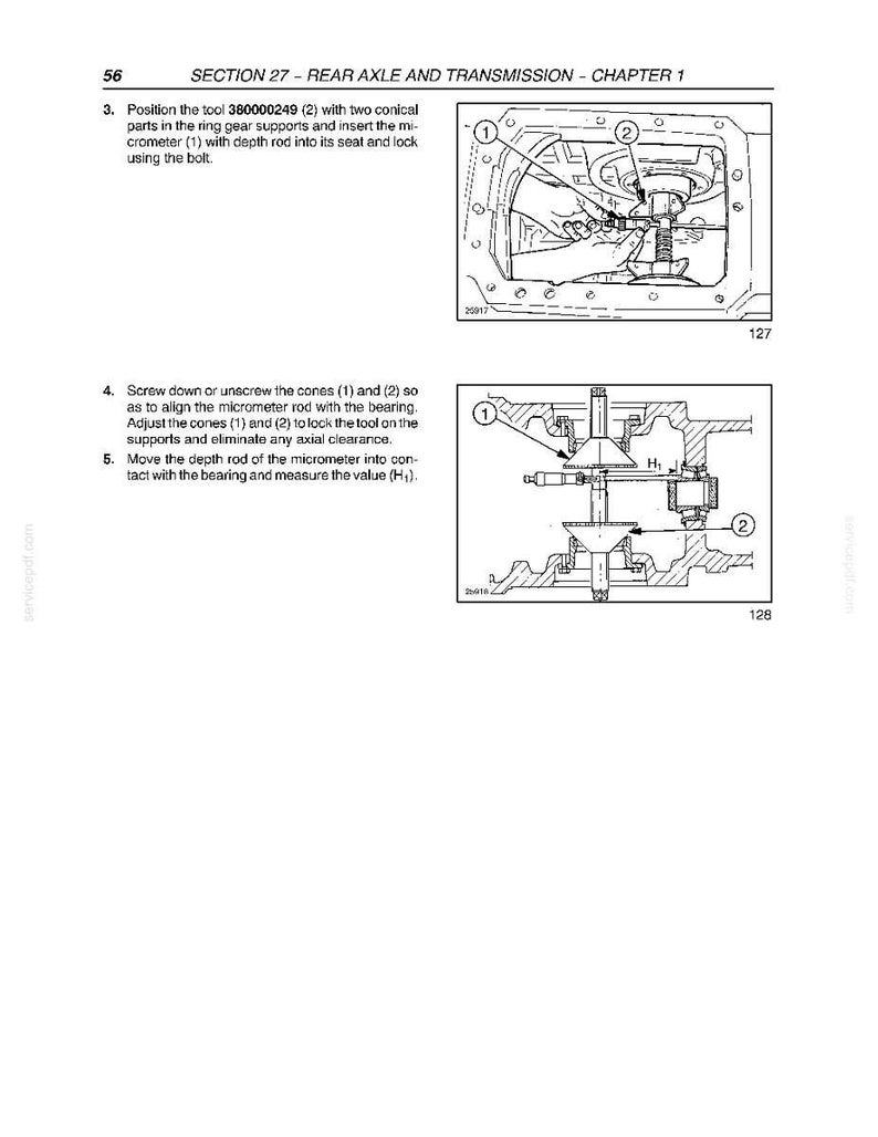 May include: A technical manual page titled Section 27 - Rear Axle and Transmission - Chapter 1. It features two black and white diagrams showing the use of tool 380000249 with a micrometer to measure and adjust bearing axial clearance.