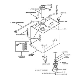 May include: Diagram of a hydraulic oil tank with labeled parts for disassembly and assembly. Includes filter housing, breather, seals, drain plugs, shut off valve body, and oil level indicator. Text reads "Disassembly and Assembly of the Hydraulic Oil Tank."