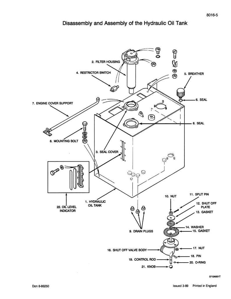 May include: Diagram of a hydraulic oil tank with labeled parts for disassembly and assembly. Includes filter housing, breather, seals, drain plugs, shut off valve body, and oil level indicator. Text reads "Disassembly and Assembly of the Hydraulic Oil Tank."