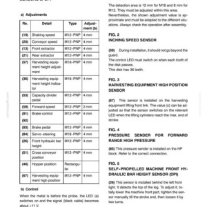 May include: A technical diagram from Section 55 of an electrical system manual, detailing sensors and probes. Includes tables with adjustment details, and diagrams for sensors like the Inching Speed Sensor and Harvesting Equipment High Position Sensor.