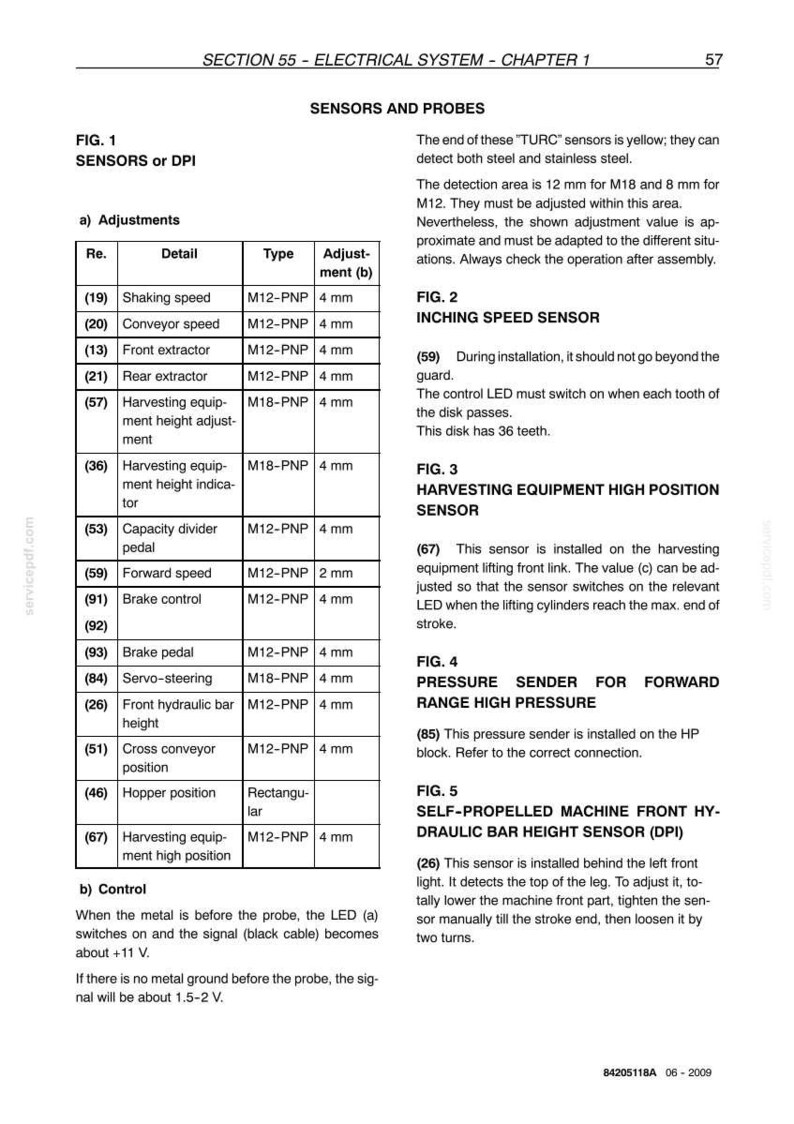 May include: A technical diagram from Section 55 of an electrical system manual, detailing sensors and probes. Includes tables with adjustment details, and diagrams for sensors like the Inching Speed Sensor and Harvesting Equipment High Position Sensor.