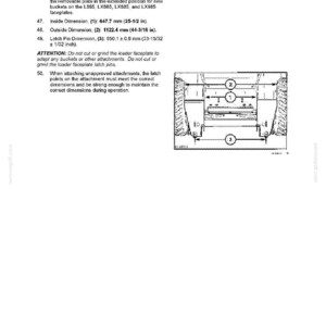 May include: Diagram of a mechanical coupling with dimensions in inches and millimeters. The image includes measurements for inside and outside dimensions, and latch pin dimensions. Text provides instructions and warnings.