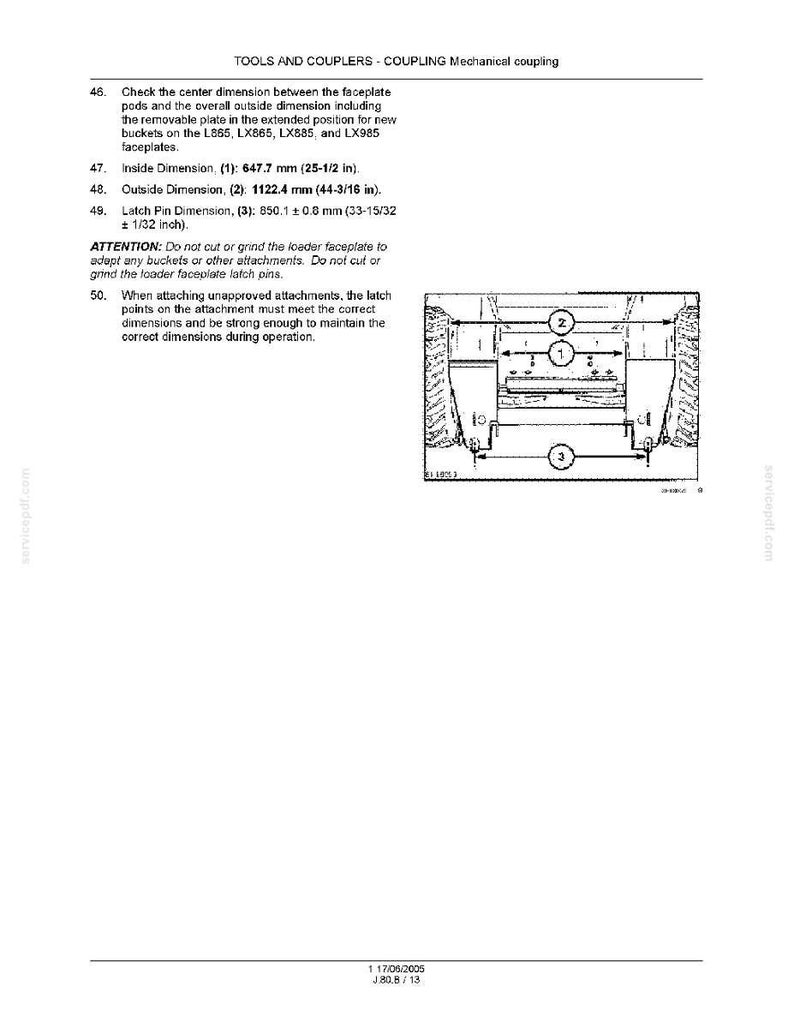 May include: Diagram of a mechanical coupling with dimensions in inches and millimeters. The image includes measurements for inside and outside dimensions, and latch pin dimensions. Text provides instructions and warnings.