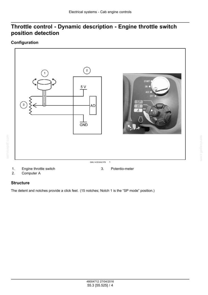 May include: Diagram of an engine throttle switch position detection system. The diagram includes a potentiometer, computer A, and an engine throttle switch. The text indicates the detent and notches provide a click feel.
