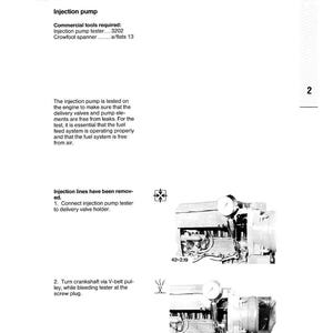May include: A page from a manual titled "Werkstatthandbuch B/FL 1011/T" with the heading "Injection pump." The page includes text about testing the injection pump and diagrams of engine components. The text also mentions commercial tools required.