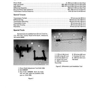 May include: Diagram of a transmission and differential assembly with specifications and special torques. Includes illustrations of tools, with measurements in inches and millimeters. Text includes part numbers and tool names.