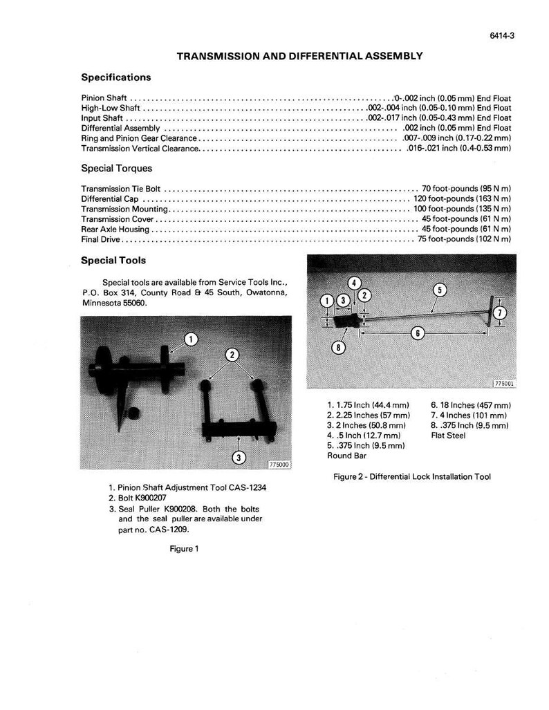 May include: Diagram of a transmission and differential assembly with specifications and special torques. Includes illustrations of tools, with measurements in inches and millimeters. Text includes part numbers and tool names.