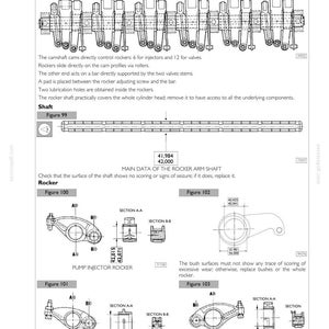 Pu&ograve; includere: Una pagina di manuale tecnico intitolata Rocker Shaft, Section 4, con disegni al tratto in bianco e nero di componenti del motore, tra cui un albero a bilancieri, bilanciere iniettore, di scarico e di mandata con dimensioni.