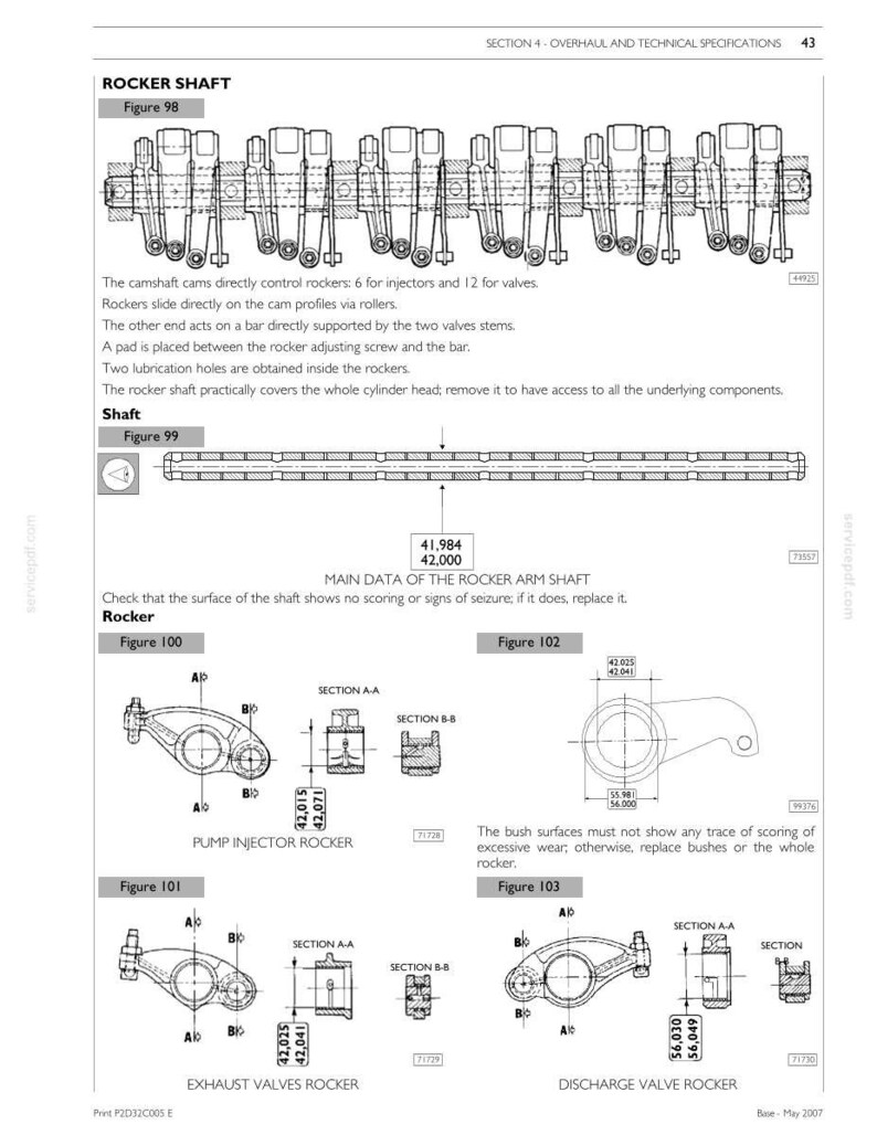 Pu&ograve; includere: Una pagina di manuale tecnico intitolata Rocker Shaft, Section 4, con disegni al tratto in bianco e nero di componenti del motore, tra cui un albero a bilancieri, bilanciere iniettore, di scarico e di mandata con dimensioni.