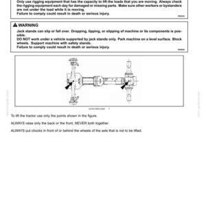 Pode incluir: Uma p&aacute;gina de documento t&eacute;cnico intitulada 2-SAFETY INFORMATION sobre pontos de eleva&ccedil;&atilde;o para tratores. Inclui dois quadros de aviso sobre seguran&ccedil;a, um desenho t&eacute;cnico de um eixo de trator com setas e v&aacute;rias instru&ccedil;&otilde;es.