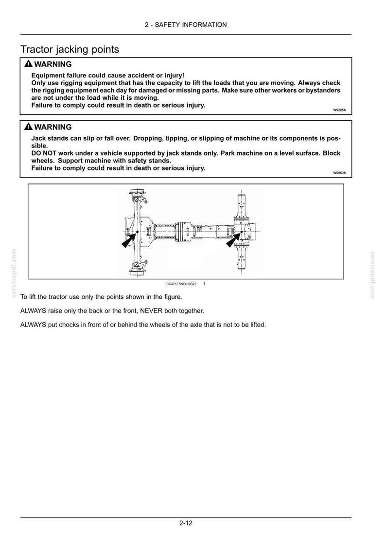 Pode incluir: Uma p&aacute;gina de documento t&eacute;cnico intitulada 2-SAFETY INFORMATION sobre pontos de eleva&ccedil;&atilde;o para tratores. Inclui dois quadros de aviso sobre seguran&ccedil;a, um desenho t&eacute;cnico de um eixo de trator com setas e v&aacute;rias instru&ccedil;&otilde;es.