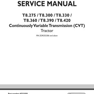 May include: A white service manual cover with black text. The title "SERVICE MANUAL" is at the top. Below, it lists tractor models T8.275 to T8.420. The text "Continuously Variable Transmission (CVT) Tractor" is also present. The New Holland Agriculture logo is at the bottom.