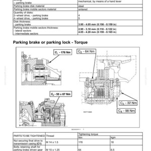 May include: A technical document titled Parking brake or parking lock - General specification, featuring mechanical diagrams with torque values like C1 - 176 Nm and C2 - 64 Nm, alongside tables detailing disk thickness in metric and imperial units.