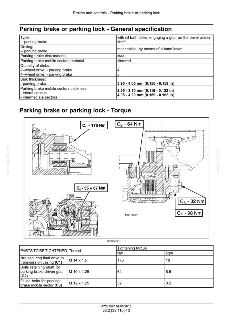 May include: A technical document titled Parking brake or parking lock - General specification, featuring mechanical diagrams with torque values like C1 - 176 Nm and C2 - 64 Nm, alongside tables detailing disk thickness in metric and imperial units.