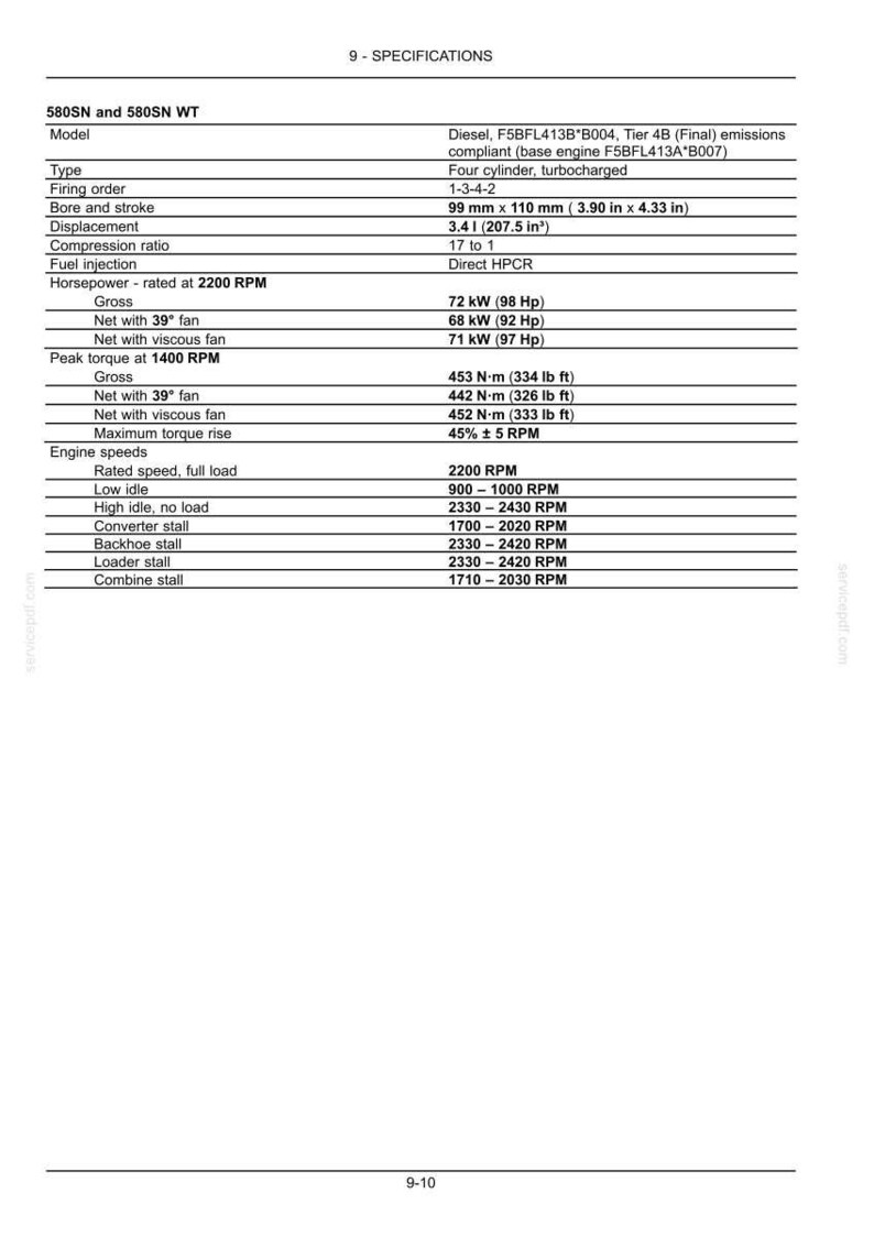 May include: A detailed specifications sheet for the 580SN and 580SN WT models. The sheet includes information on the engine type, firing order, bore and stroke (3.90 in x 4.33 in), displacement (207.5 in&sup3;), and horsepower (98 Hp).