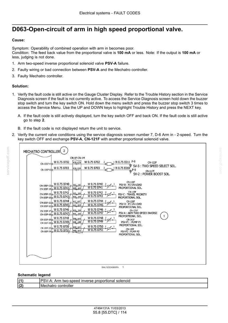 May include: Diagram of an electrical system fault code D063, detailing an open circuit in a high-speed proportional valve. Includes a schematic with component labels and troubleshooting steps. The document is dated 11/03/2013.