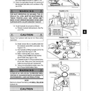 May include: A technical maintenance manual page for a Kobelco excavator, featuring black and white line drawings illustrating hydraulic oil level checks, pressure release, and filter replacement procedures with instructional text.