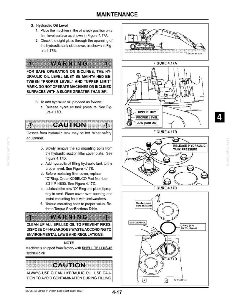 May include: A technical maintenance manual page for a Kobelco excavator, featuring black and white line drawings illustrating hydraulic oil level checks, pressure release, and filter replacement procedures with instructional text.