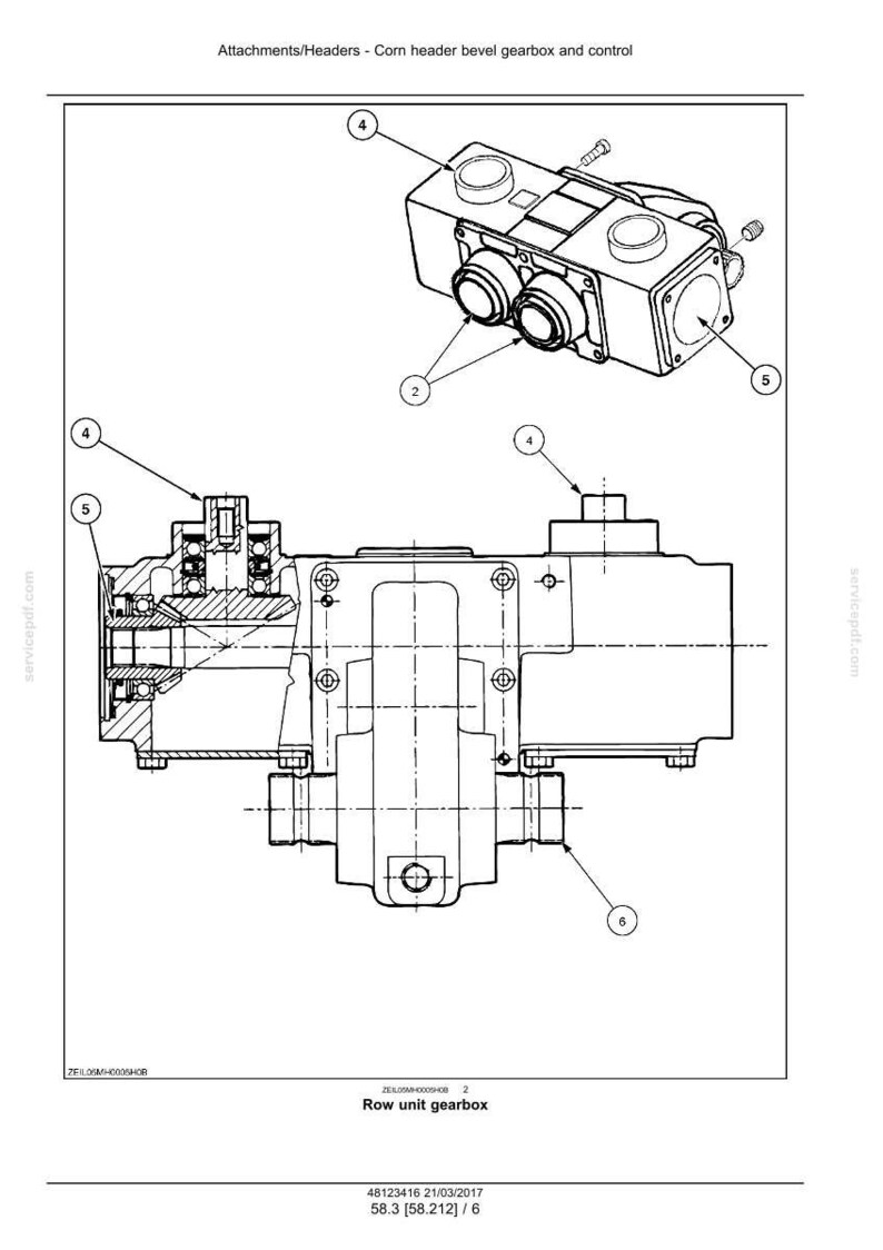 May include: Technical diagram of a corn header bevel gearbox and control. The image shows a detailed line drawing of the row unit gearbox, with callouts for various components. Includes the text "Row unit gearbox".