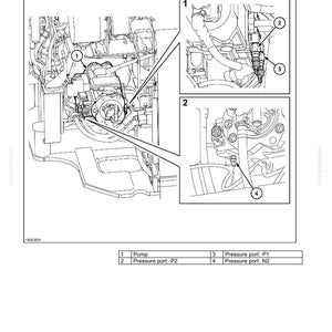 May include: Diagram showing pressure measurement and adjustment procedures. It features detailed views of engine components, with labels for pump and pressure ports P1, P2, and N2. The text at the top reads "Pressure Measurement and Adjustment Procedures."