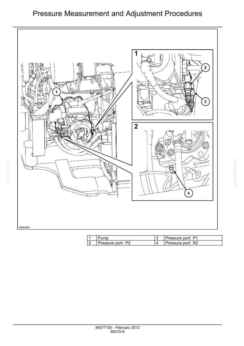May include: Diagram showing pressure measurement and adjustment procedures. It features detailed views of engine components, with labels for pump and pressure ports P1, P2, and N2. The text at the top reads "Pressure Measurement and Adjustment Procedures."