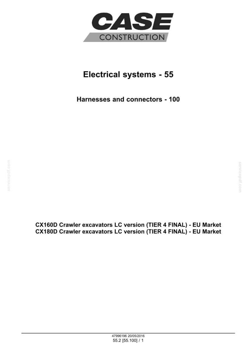 May include: White document with the "CASE CONSTRUCTION" logo at the top. Text includes "Electrical systems - 55", "Harnesses and connectors - 100", and excavator model information. The document is for the EU market.