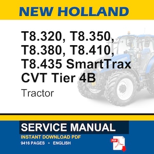 May include: A blue and white New Holland tractor is featured in this image. The text on the image includes the model numbers T8.320, T8.350, T8.380, T8.410, and T8.435 SmartTrax CVT Tier 4B. The image also includes the words "Tractor" and "Service Manual".