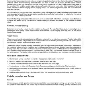 May include: Page from a manual detailing working operations, including packing, extreme reverse loading, and track shoe effects. Text explains how these factors impact machinery wear and performance, with a focus on components.