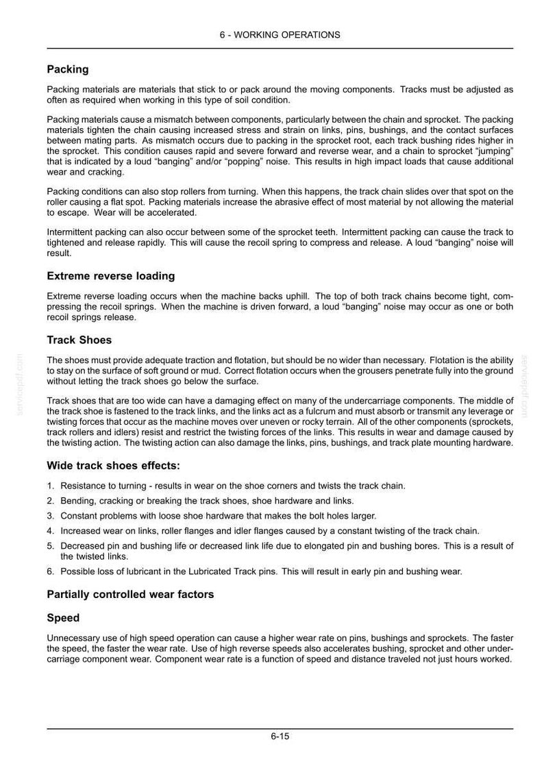 May include: Page from a manual detailing working operations, including packing, extreme reverse loading, and track shoe effects. Text explains how these factors impact machinery wear and performance, with a focus on components.