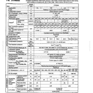 May include: Technical specifications chart for a 3TNE82 engine, detailing performance metrics like output, speed, and dimensions in millimeters and kilograms. Includes fuel and lubrication data.