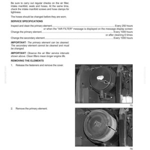 Puede incluir: P&aacute;gina de un manual de servicio que detalla la inspecci&oacute;n y el mantenimiento del filtro de aire. Incluye texto sobre las especificaciones de servicio y la extracci&oacute;n de elementos. Presenta im&aacute;genes de los componentes del filtro de aire. Las medidas no son aplicables.